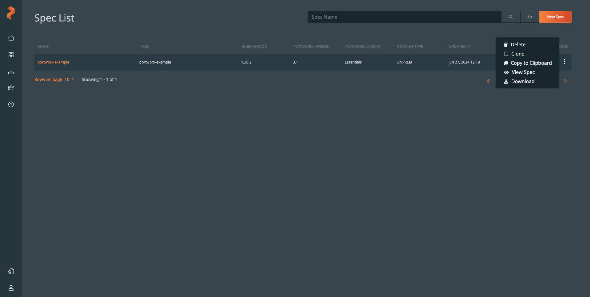 The Spec List section of Portworx Central with portworx-example listed and its action menu opened. The Spec List section of Portworx Central with portworx-example listed and its action menu opened.